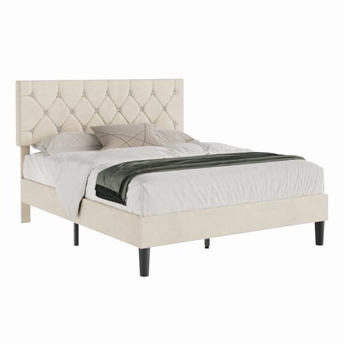 Queen Size Bed Frame with Diamond Tufted Headboard