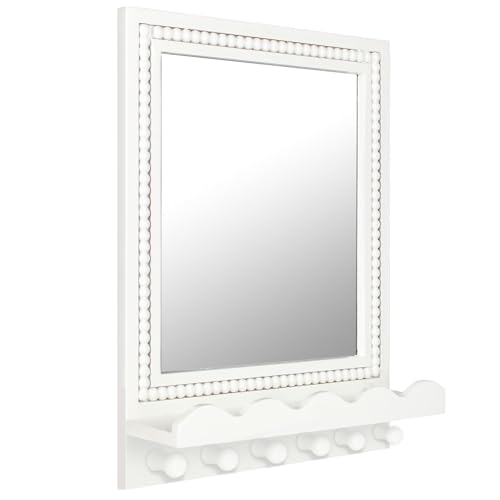 16x12 Inch Wall Mount Beaded Wood Framed Mirror with Shelf and 6 Hooks