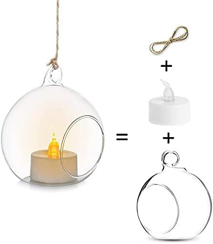 Sziqiqi Hanging Glass Globes Orbs Tea Light Candle Holders with Flameless LED Tealight for Wedding Ornaments Wedding Birthday Christmas Party Centerpiece Accessory 3.15in 100pcs