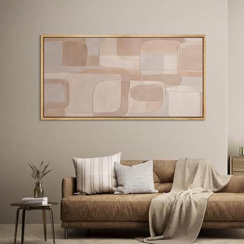 Extra Large Framed Canvas Print Wall Art Abstract Beige and Taupe Geometric Mid