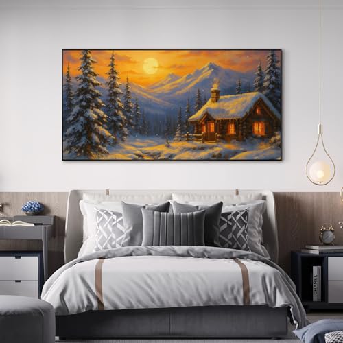 24"x46" Extra Large Framed Wall Art Cozy Cabin in Snowy Mountain Landscape at Sunset for Home Living Room Bedroom Decor