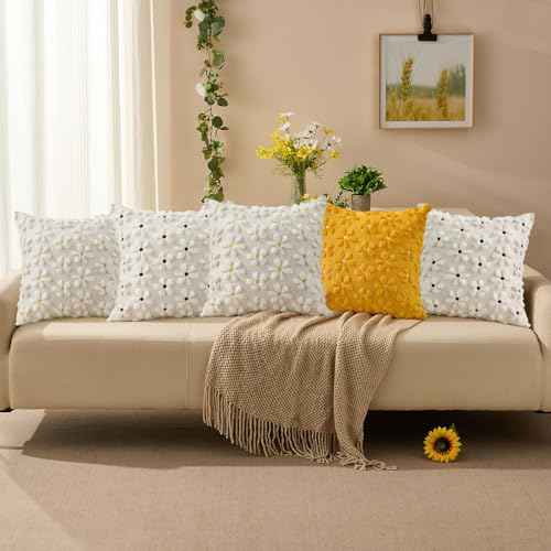 Spring Summer Pillow Covers 16x16 inch Set of 2 White Rust Daisy