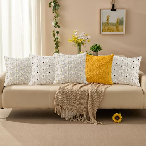 Spring Summer Pillow Covers 16x16 inch Set of 2 White Daisy (2 Count)