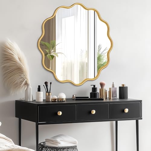 Gold Round Mirror 36 Inch Wavy Bathroom Vanity Mirror Gold Frame Modern Wall Mirror Decorative Wall