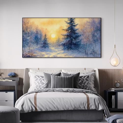 36"x72" Extra Large Framed Wall Art Winter Sunrise in Snowy Pine Forest Watercolor Style for Home Living Room Bedroom Decor