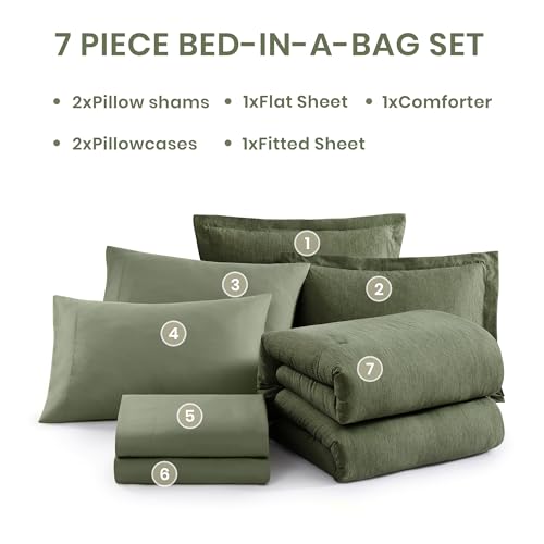 Oversized King Comforter Set Olive Green 7 Pieces Bed in a Bag