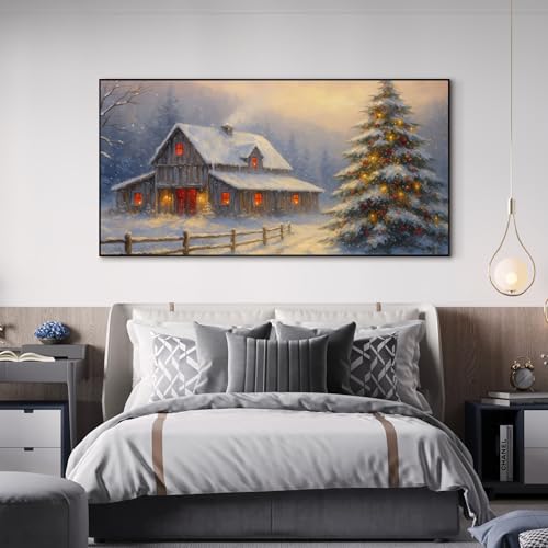 24"x46" Extra Large Framed Wall Art Rustic Winter Cabin with Christmas Tree and Snowy Landscape for Home Living Room Bedroom Decor