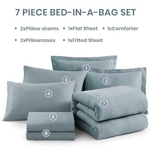 King Comforter Set 7 Pieces Dusty Blue Cationic Dyeing Bed in a Bag