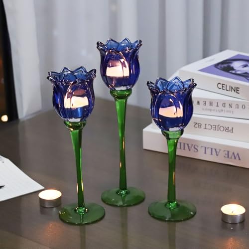 Blue Flower Tealight Candle Holder Set of 3