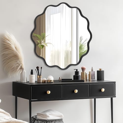 Black Round Mirror 36 Inch Wavy Bathroom Vanity Mirror Black Frame Modern Wall Mirror Decorative Wall