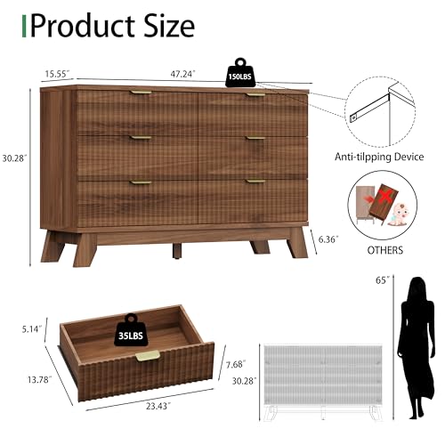 Fluted Dresser for Bedroom with 6 Drawers