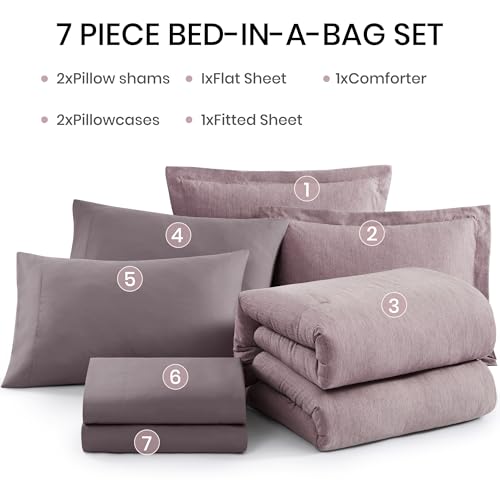 Full Size Comforter Set 7 Pieces Lilac Cationic Dyeing Bed in a Bag