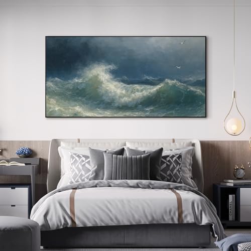 24"x46" Extra Large Framed Wall Art Dramatic Ocean Waves with Stormy Sky and Seagulls for Home Living Room Bedroom Decor