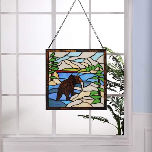 Stained Glass Window Hanging 12" Square Tiffany Animal Style Brown Bears Suncatcher Wall Decor Art Panel Includes 20" Chain and Hooks The Perfect Housewarming Gift