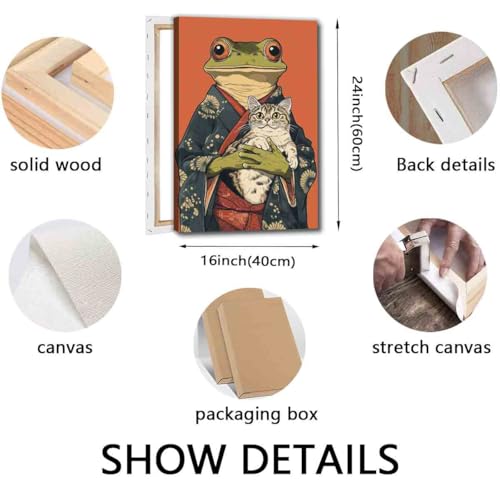 Japanese Frog Wall Art Funny Frog Posters Cute Cat Poster Japanese Cat Poster Funny Animal Wall Art Retro Animal Prints Whimsical Prints Aesthetics Vintage Abstract Painting Decor 16x24inch Framed