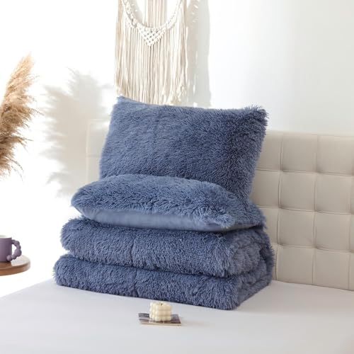 Fluffy Full Size Comforter Set Infinite Blue Faux Fur Comforter 3Pcs