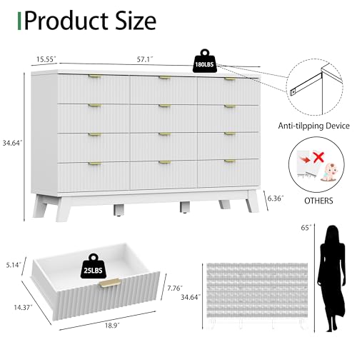 Fluted Dresser for Bedroom with 12 Drawers