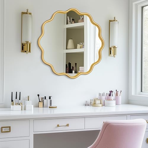 Gold Round Mirror 24 Inch Wavy Bathroom Vanity Mirror Gold Frame Modern Wall Mirror Decorative Wall