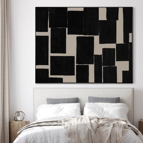 60"x72" Extra Large Framed Wall Art Modern Abstract Black and Beige Geometric Blocks for Home Living Room Bedroom Decor