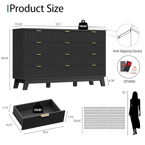Fluted Dresser for Bedroom with 12 Drawers