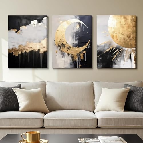 3Pcs Framed Black and Gold Abstract Canvas Wall Art (3 Count)