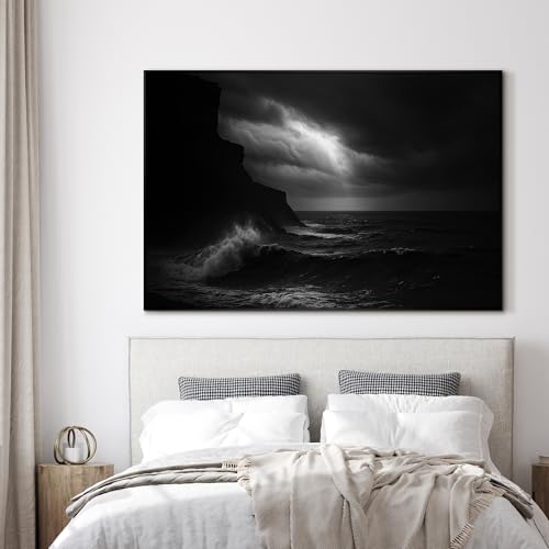 46"x72" Extra Large Framed Wall Art Dramatic Black and White Ocean Waves with Cliff and Stormy Sky for Home Living Room Bedroom Decor