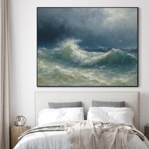 60"x72" Extra Large Framed Wall Art Dramatic Ocean Waves with Stormy Sky and Seagulls for Home Living Room Bedroom Decor
