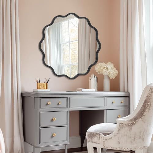 Black Round Mirror 28 Inch Wavy Bathroom Vanity Mirror Gold Frame Modern Wall Mirror Decorative Wall