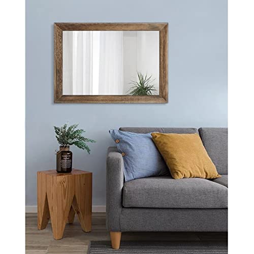 Rustic Wood Mirror Rectangle Decorative Wall Mirrors with Frame Large 26"x18"for Bedroom Living Room Bathroom Entryway Hanging Brown