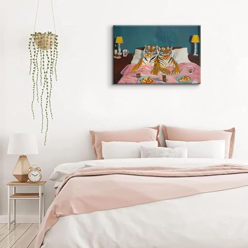 Funny Tiger Eating Pizza in Bed Wall Art Vintage Fun Tigers Couple Canvas Wall Decor Maximalist Blue Pink Jungle Animal Paintings Eclectic Whimsical Bedroom Picture Print