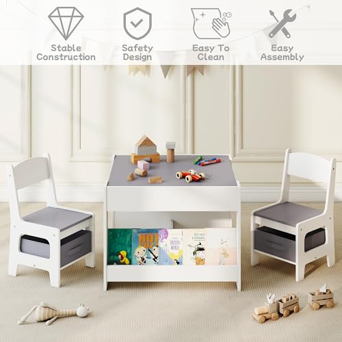 3-in-1 Wooden Kids Table & Chairs, Detachable Top & Storage, Grey