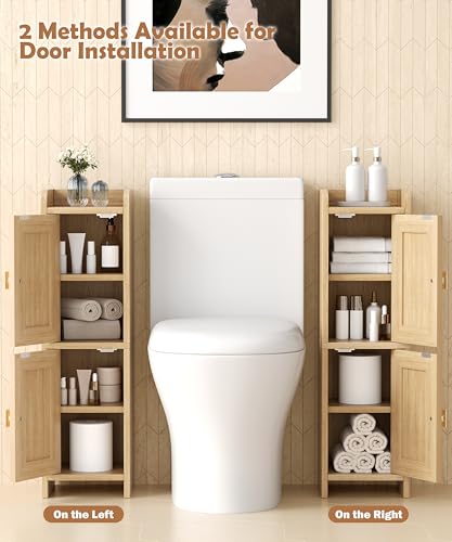 Rattan Small Bathroom Cabinet Narrow Toilet Paper Organizer Oak