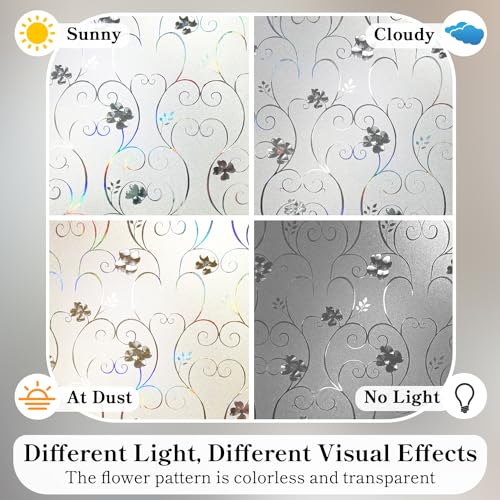 Window Privacy Film 3D Flower Pattern Stained Glass Window Film Frosted Rainbow Window Film Decorative Decals Removable Static Clings Vinyl Anti UV Window Cling for Home 17.4 x 78.7 inches
