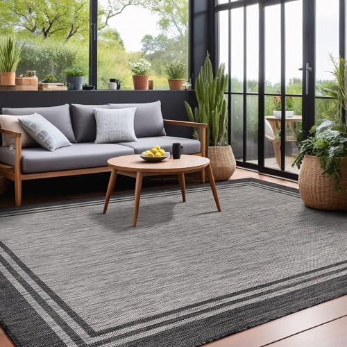 Bordered Outdoor Rug 6x9 Washable Outside Carpet for Indoor Patio Porch Waterproof Easy Cleaning Non Shedding Area Rugs Dark Gray 6 x 9