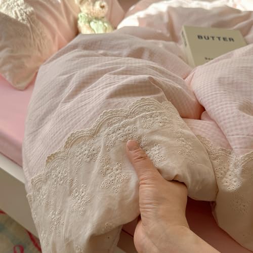 Pink Gingham Comforter Set Queen 3 Pieces Princess Lace Bedding Set Vintage Plaid Checkered Comforter with 2 Lace Pillowcases Soft Breathable Pink Grid Comforter Set for Girls Teens Women