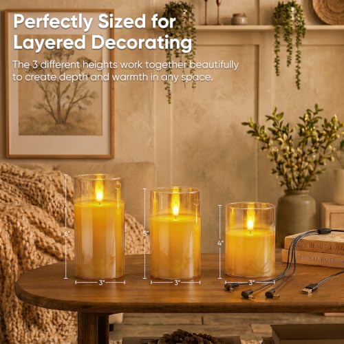 Rechargeable Amber Glass Flameless Candles with Remote Timer