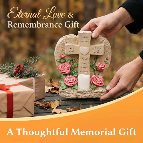 Solar Lights for Cemetery Memorial Cross Statue with LED Lights & Roses