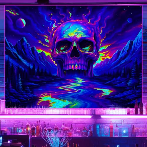 Blacklight Tapestry Skull Mountain Wall Hanging 78 x 59 Inch