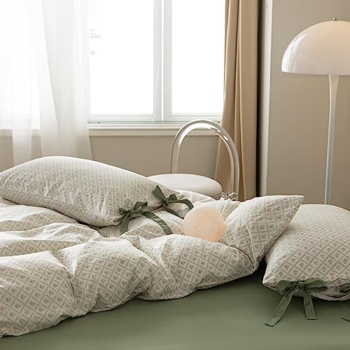 Botanical Pink Flower Comforter Set with Plaid Grid Prints Aesthetic Floral Comforter Set King Size Vintage Country Style Coquette Bedding Comforter King with 2 Bow Tie Pillowcases All Season (3 Piece Set)