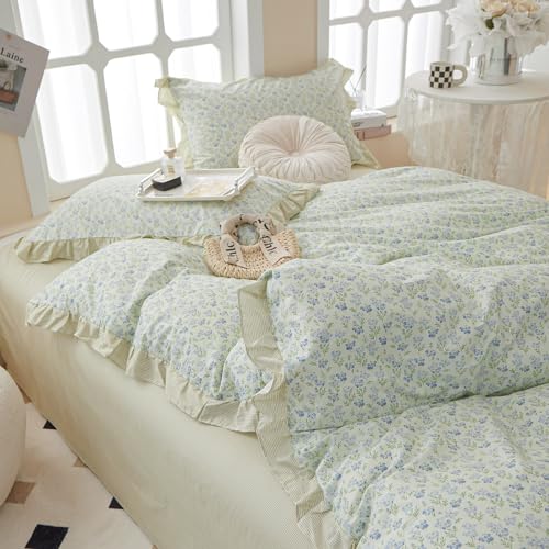 Vintage Garden Floral Ruffled Comforter Set King Fluffy Soft Microfiber Chic Blue Floral Bedding Set Cottagecore Flowers Pattern Botanical Comforter Set with 2 Pillowcases for All