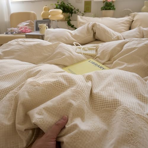 Tan Gingham Comforter Set King Romantic Lace Bedding Beige Plaid Comforter Set Vintage Grid Checkered Pattern Comforter with 2 Pillowcases Farmhouse Taupe Plaid Gingham Bedding Set