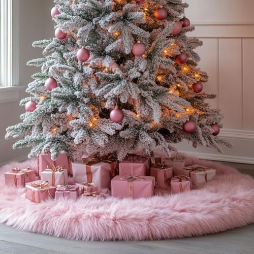 72 Inch Faux Fur Christmas Tree Skirt Pink Plush Skirt for Merry Christmas Party Christmas Tree Decoration