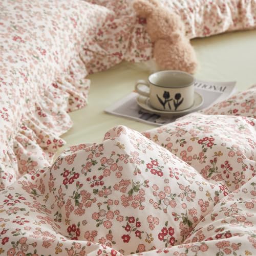 Pink Ruffle Comforter Set Full Size Girls Floral Bedding Comforter Set Soft Comfy Cottagecore Flowers Bedding Set Vintage Botanical Floral Bed Comforter with 2 Pillowcases for All Season