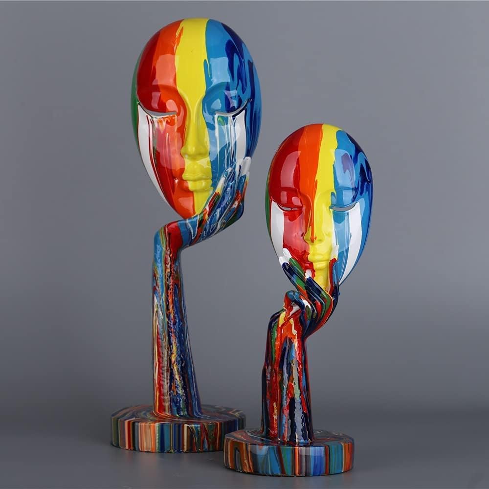 suruim Simple Creative Colorful Female Face Art Statue Thinker Sculpture Abstract Character Crafts Ornament Home Office Bedroom Living Room Study Decoration (Small 11.8x4.3x4.3in)