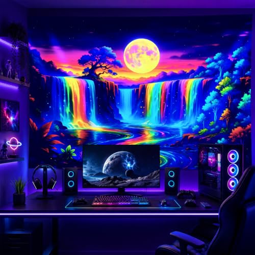 Blacklight Tapestry Forest Waterfall Neon Decor 78 x 59 Inch