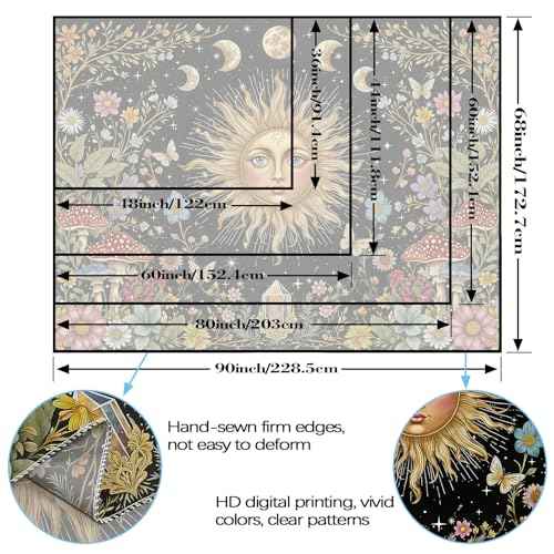 Boho Sun and Moon Tapestry Hippie Mushroom Floral Wall Tapestry for Bedroom Aesthetic Moon Phase Vintage Plant Celestial Small Tapestries Wall Hanging for Living Room Dorm 48 x 36 Inch