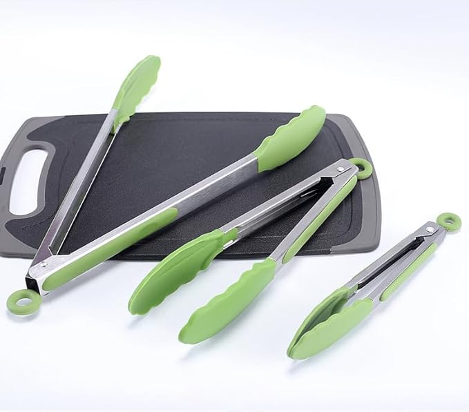 Kitchen Tongs with Silicone Tips,Tongs for Cooking Heat Resistant 600 Degrees Stainless Steel Locking Tongs,Grass Green Set of 3-7", 9" and 12"