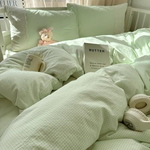 Green Gingham Comforter Set King Romantic Lace Style Vintage Checkered Plaid Comforter Set 3 Pieces Green Grid Comforter with 2 Pillowcases Soft Fluffy Farmhouse Gingham Bedding Set King