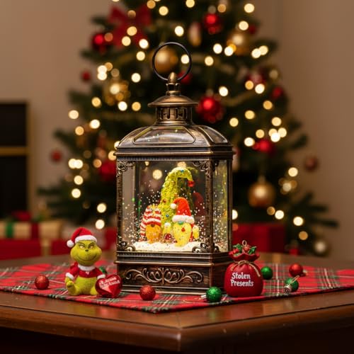 Musical Snow Globe Lantern Lighted Whimsical Christmas Tree & Gnomes Scandinavian Santa Elf Water Lantern with Swirling Glittering Home Decoration and Gift
