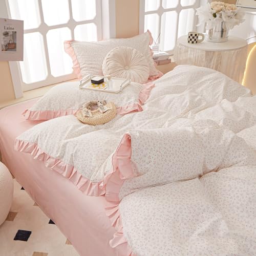 Reversible Ruffle Comforter Set King Vintage Botanical Floral Comforter Set White Coquette Bedding Cottagecore Pink Flower Comforter with 2 Pillowcases Floral Boho Bedding Comforter for King Bed